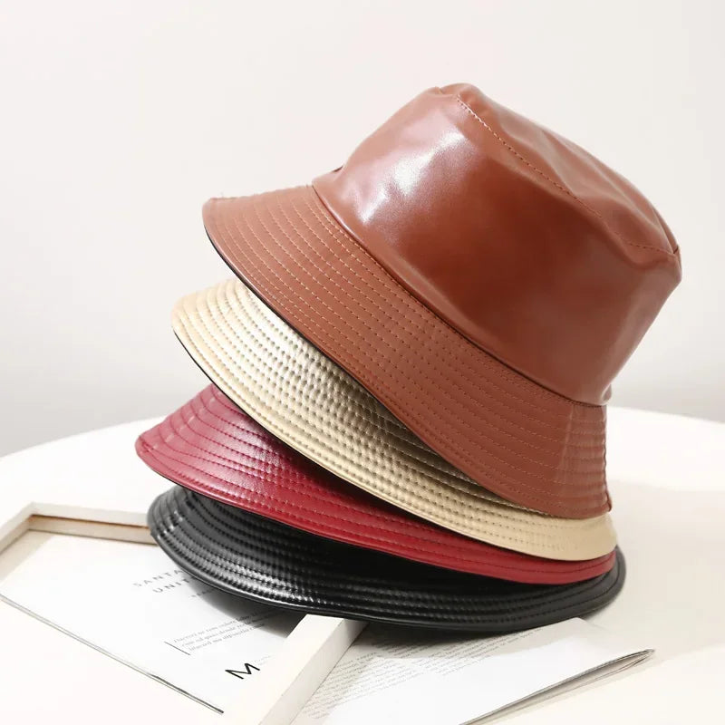 New Autumn Winter Pu Leather Cotton Bucket Hat