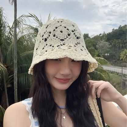 Women Beige Crochet Hollow Knit Bucket Hat