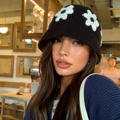 Women Floral Crochet Knitted Bucket Hat