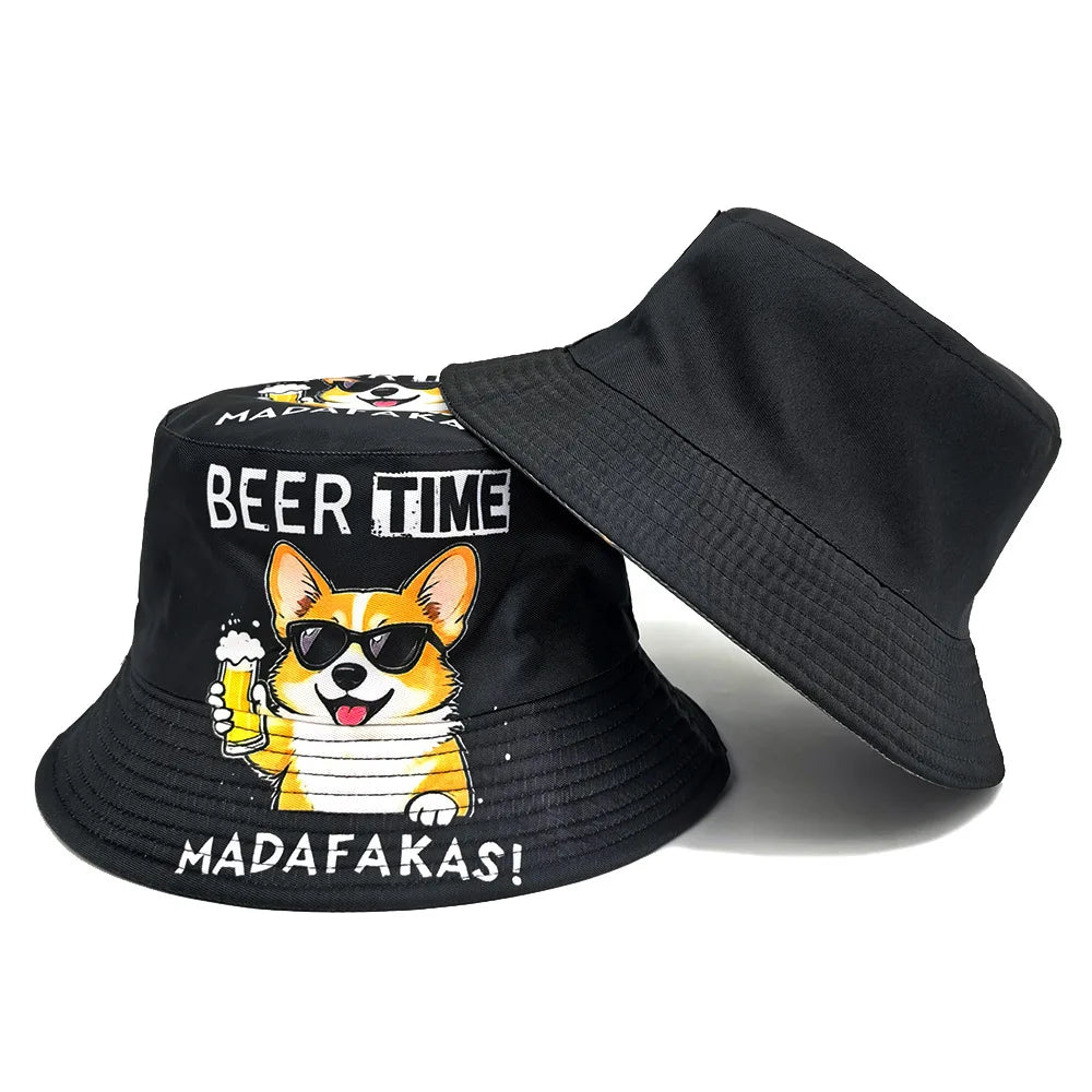Beer Time Dog Print Panama Bucket Hat