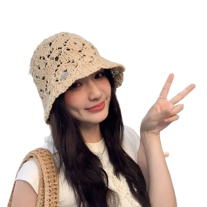 Women Beige Crochet Hollow Knit Bucket Hat
