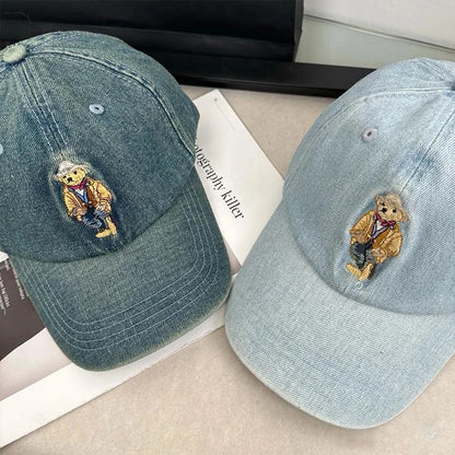 Hat Baseball Cap Washed Retro Versatile New Embroidered Bear Denim