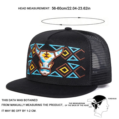 Ox Head Embroidered Unisex Mesh Hip-Hop Snapback Cap