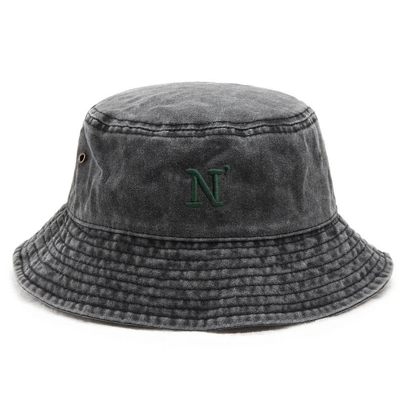 N Letter Washed Cotton Bucket Hat For Men Women