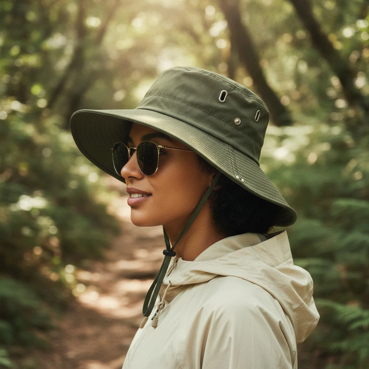 Breathable Wide Brim Bucket Hat With Chin Strap