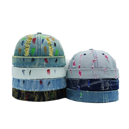 Tear Broken Denim Docker Cap Colorful Brimless Caps