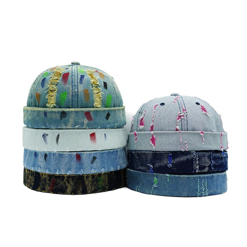 Tear Broken Denim Docker Cap Colorful Brimless Caps