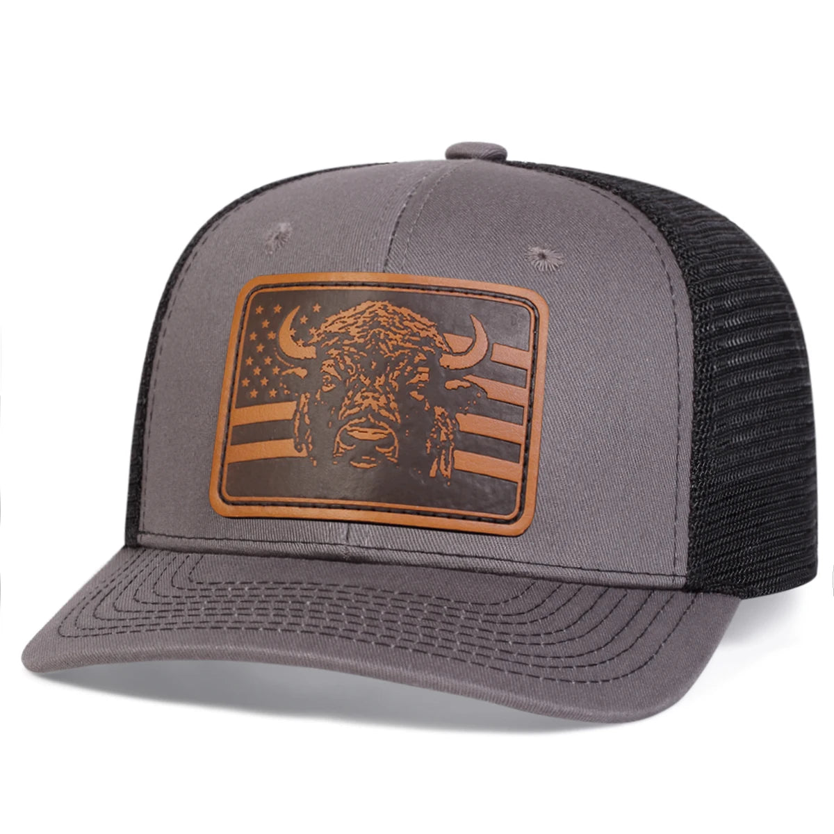 Brown Bull Head Leather Patch Adjustable Snapback Cap