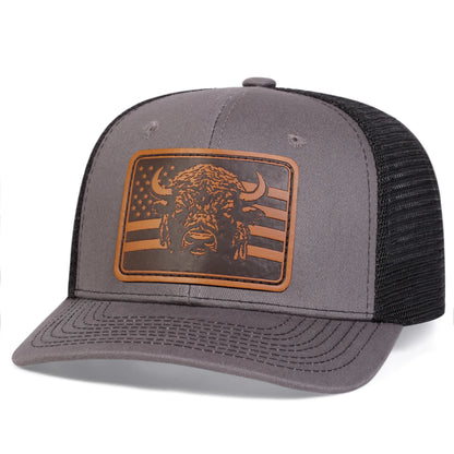 Brown Bull Head Leather Patch Adjustable Snapback Cap