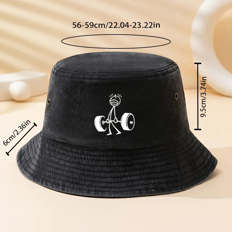 Cartoon Weightlifting Print Outdoor Bucket Hat