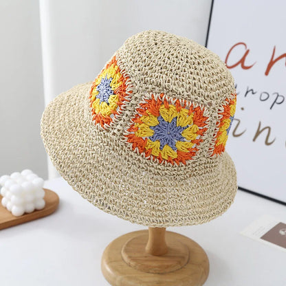 Women Foldable Straw Crochet Flower Bucket Hat