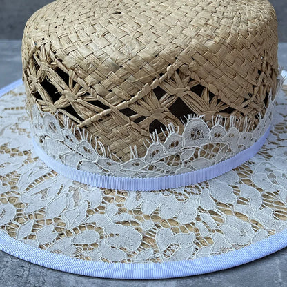 Woven Raffia Flat Top Hat Travel Sun Protection Shade Straw Hats Size 56-58cm