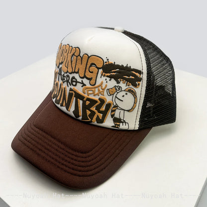 Cartoon Graffiti Printed Colorblock Mesh Snapback Cap