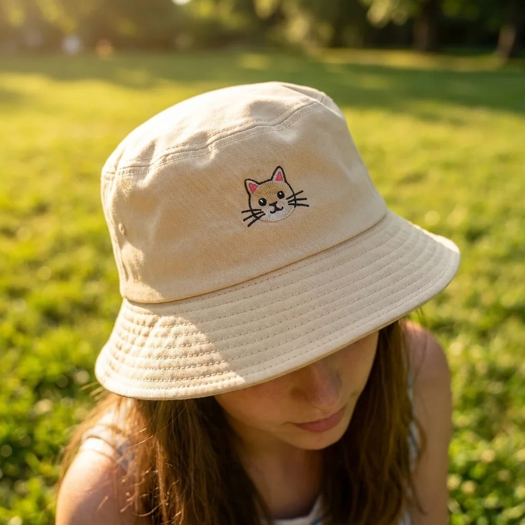 Cat Embroidery Casual Summer Bucket Hat