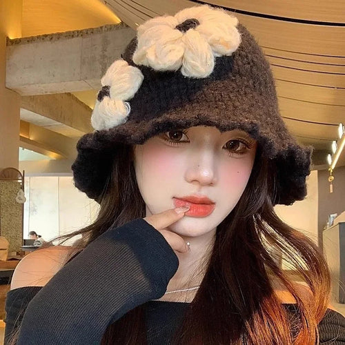 Women Black Flower Knitted Bucket Hat