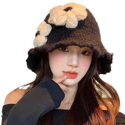 Women Black Flower Knitted Bucket Hat