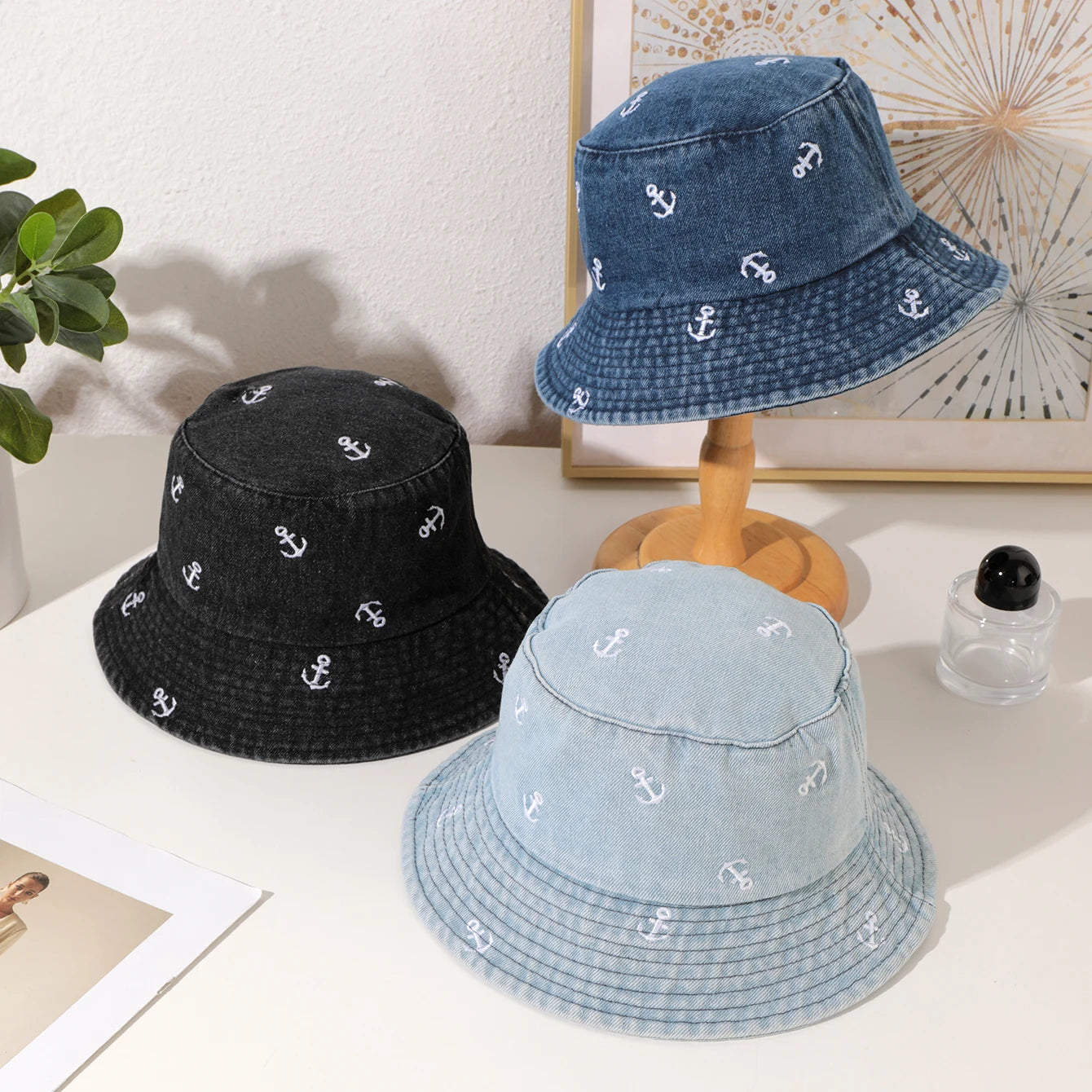 Washed Denim Anchor Bucket Hat