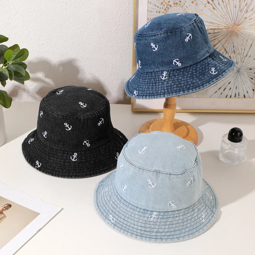 Washed Denim Anchor Bucket Hat