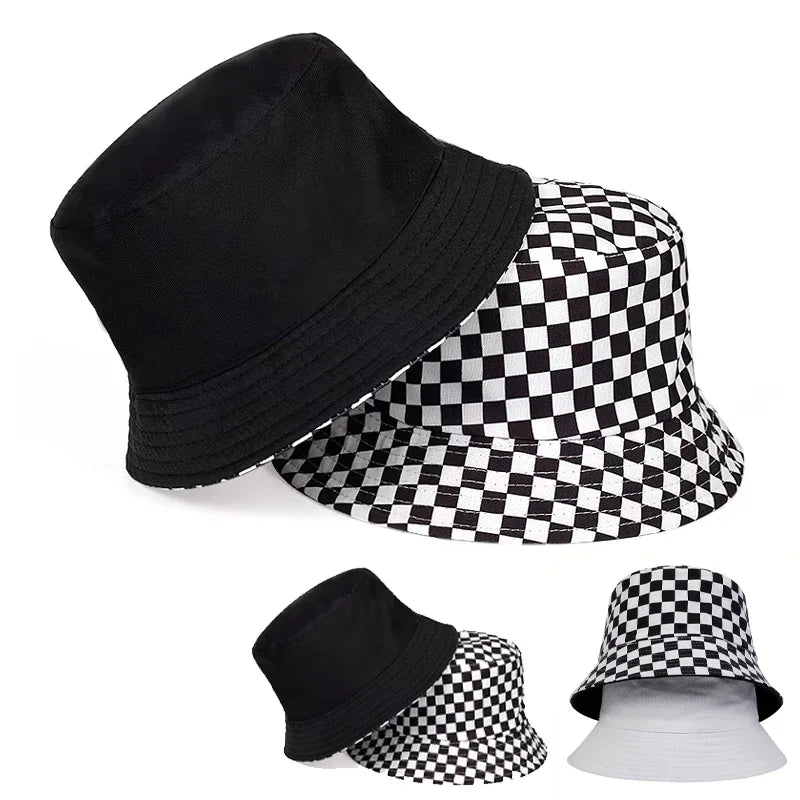 Unisex Black And White Grid Double Sided Bucket Hat