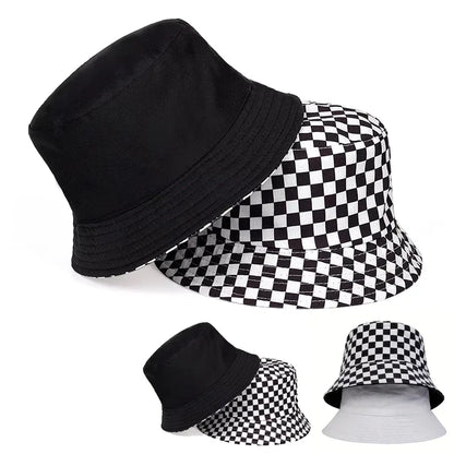 Unisex Black And White Grid Double Sided Bucket Hat