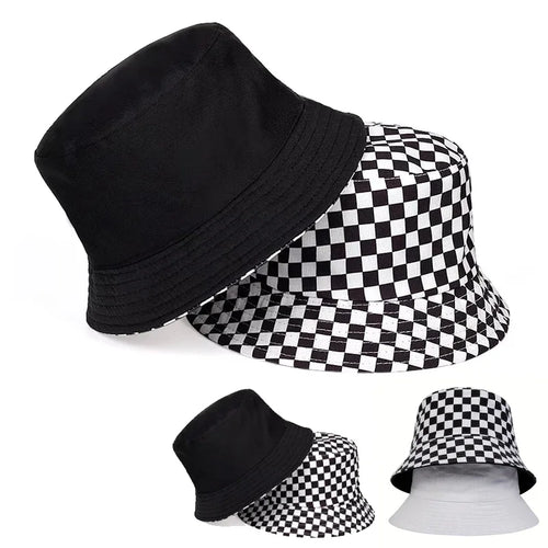 Unisex Black And White Grid Double Sided Bucket Hat