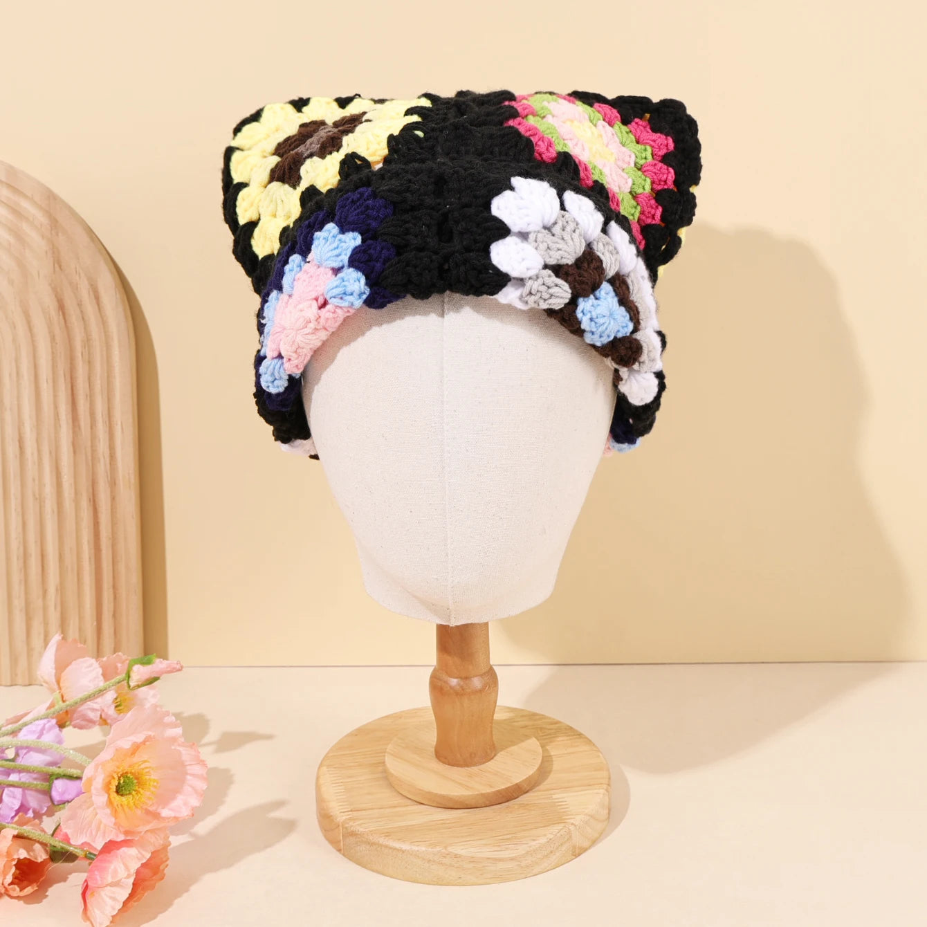 Women Cat Ears Knitted Hollow Winter Beanie Hat