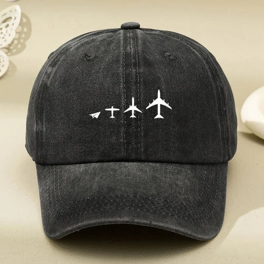 Retro Airplane Print Washed Baseball Cap Adjustable