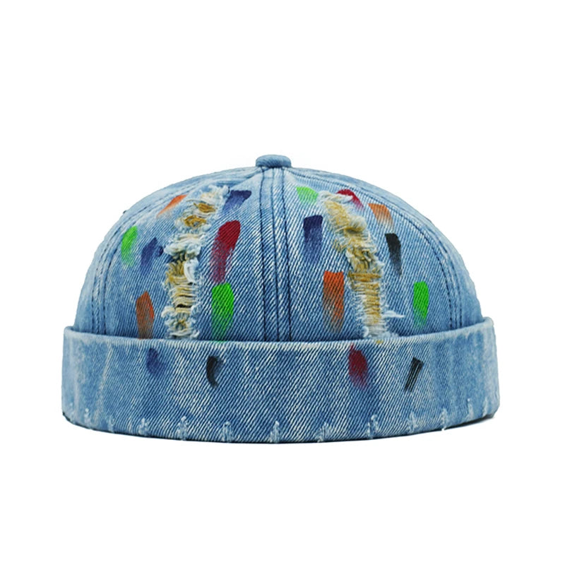 Tear Broken Denim Docker Cap Colorful Brimless Caps