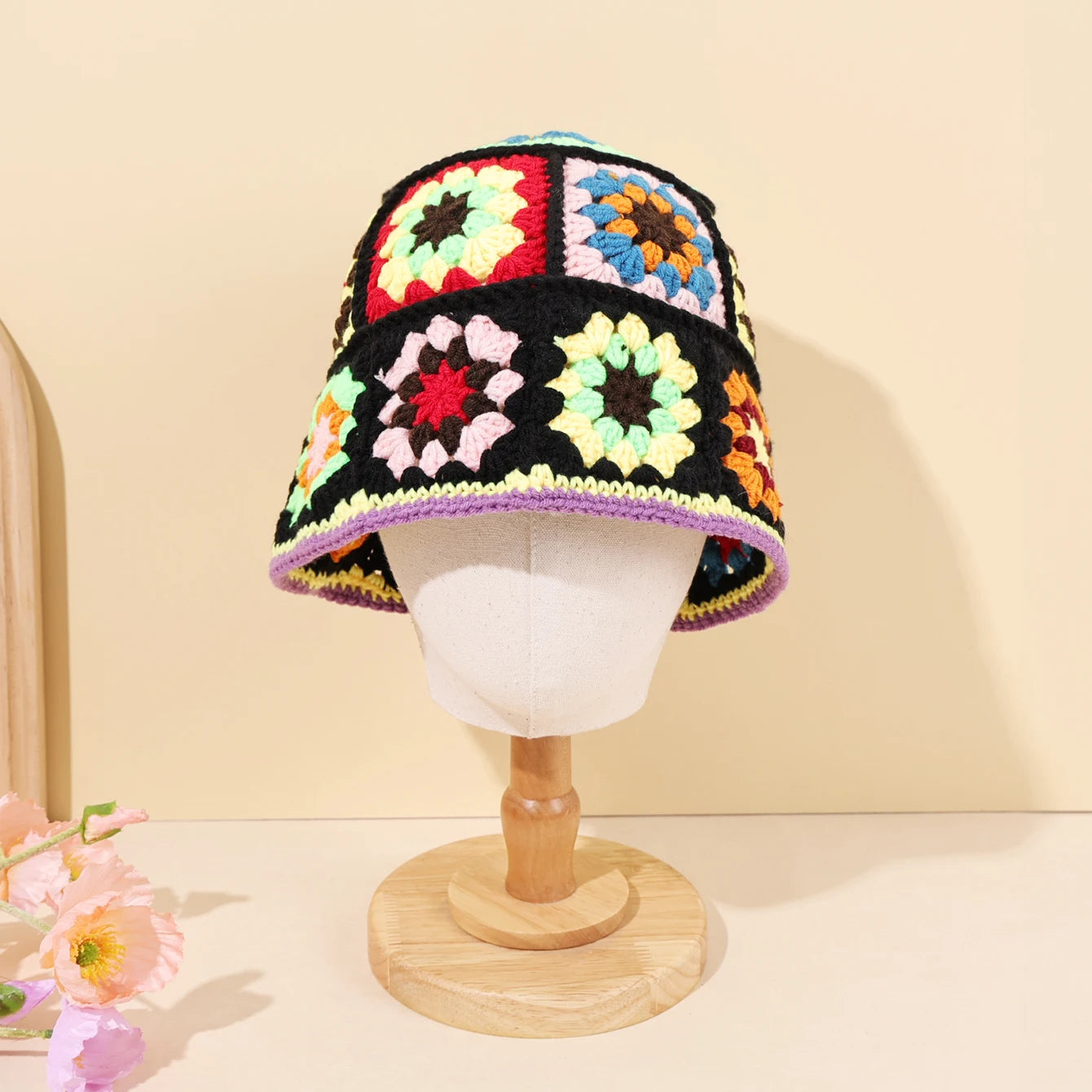 Colorful Floral Patch Crochet Bucket Hat