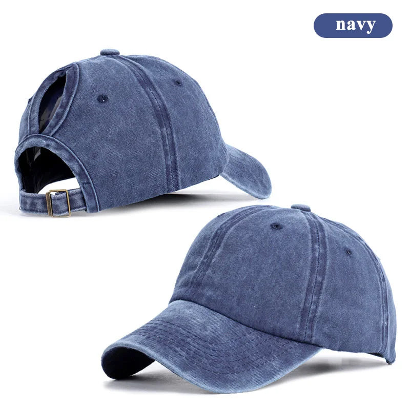 Vintage Washed Cotton Baseball Cap Women Hollow Out Ponytail Hat Outdoor