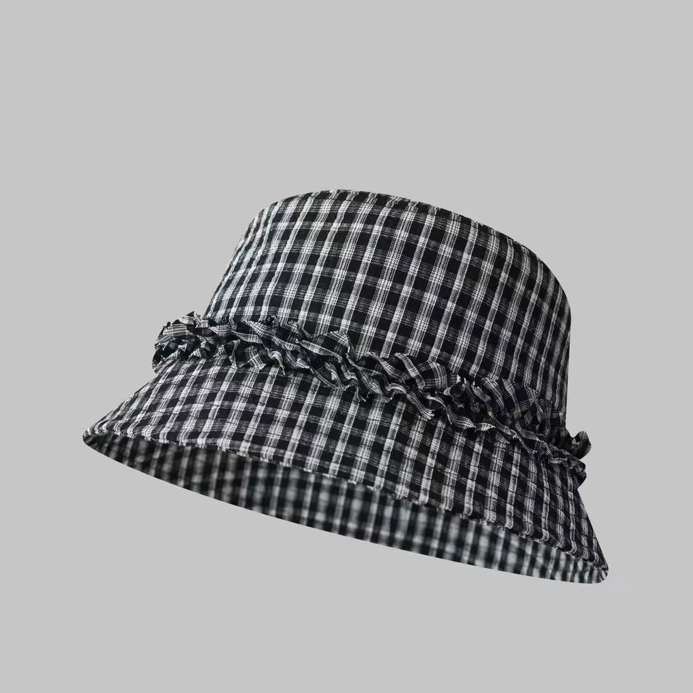 Women Plaid Lace Wide Brim Bucket Hat