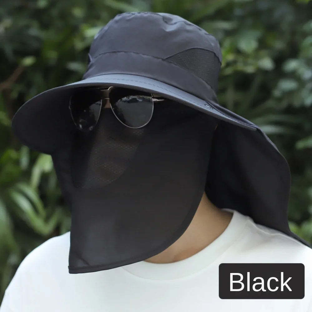 Adjustable Wide Brim UV Protection Bucket Hat With Face Mask