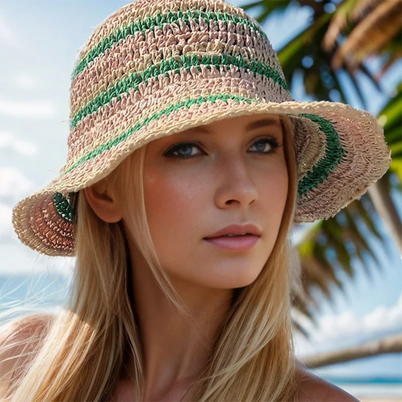 Striped Crochet Straw Beach Bucket Hat