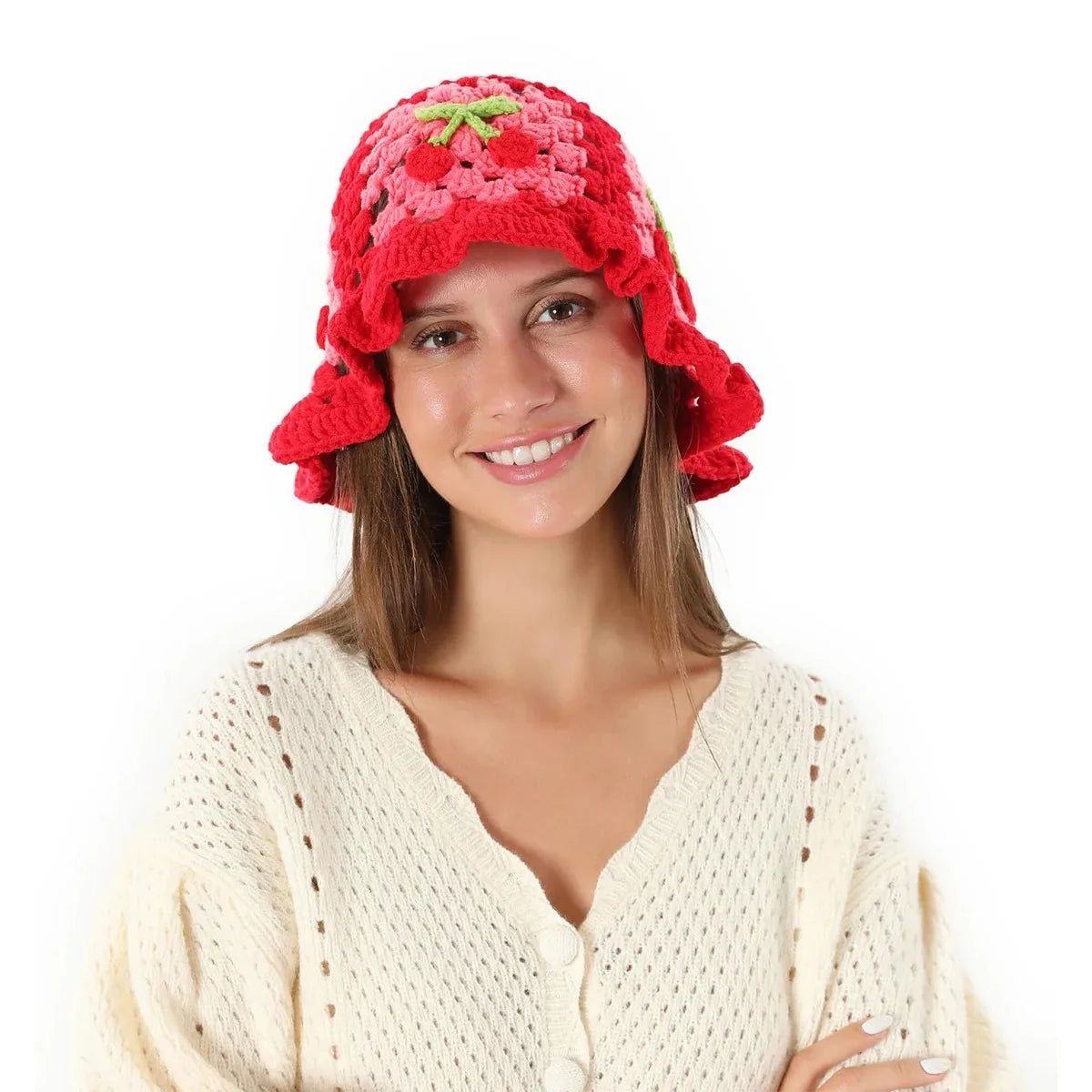Women's Cherry Floral Crochet Bucket Hat