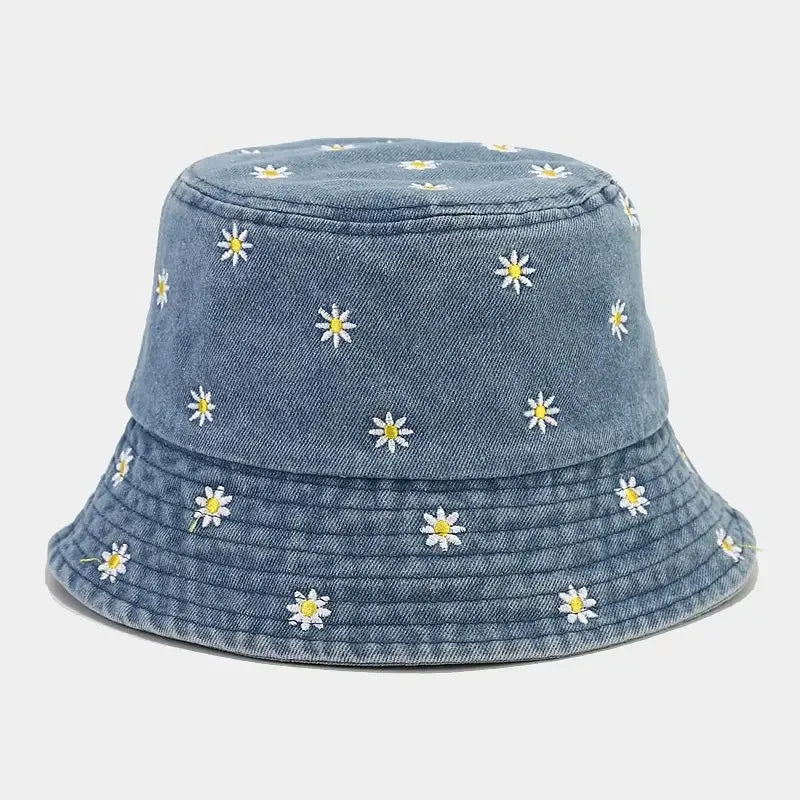 Daisy Embroidered Denim Bucket Hat