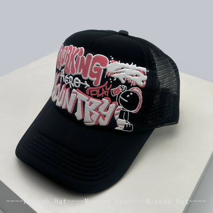Cartoon Graffiti Printed Colorblock Mesh Snapback Cap