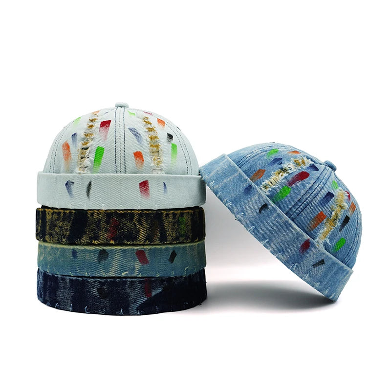 Tear Broken Denim Docker Cap Colorful Brimless Caps