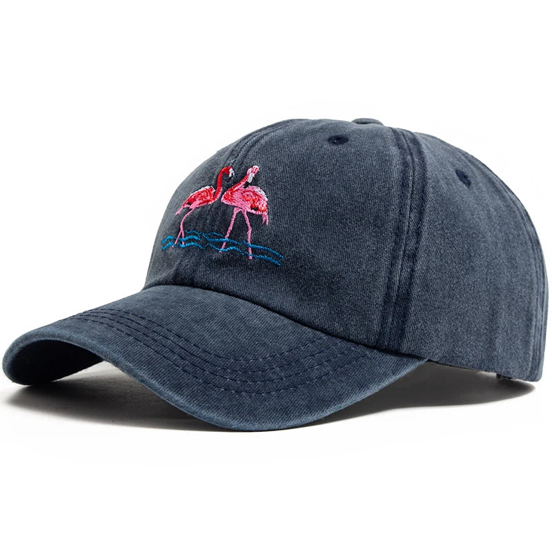 Flamingo Embroidered Washed Cotton Baseball Cap