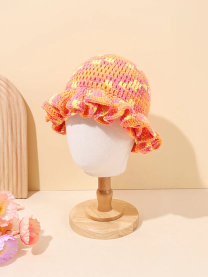 Women Vintage Orange Pink Woven Straw Bucket Hat