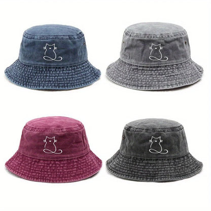 Wide Brim Cat Print Bucket Hat