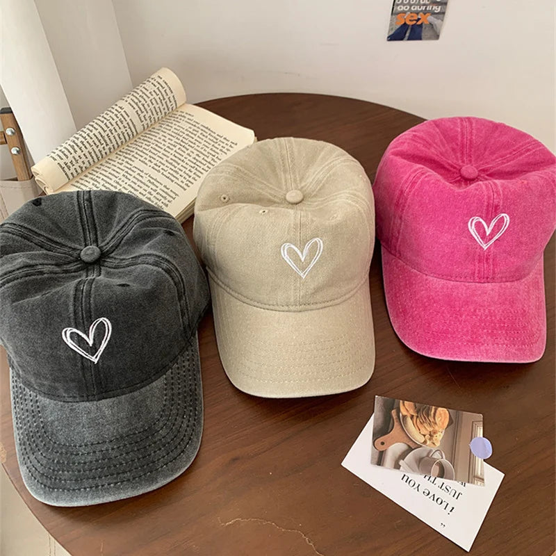 Summer Women Baseball Cap Peach Heart Embroidered Wash Denim