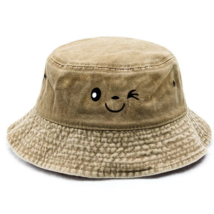 Vintage Winking Print Washed Bucket Hat