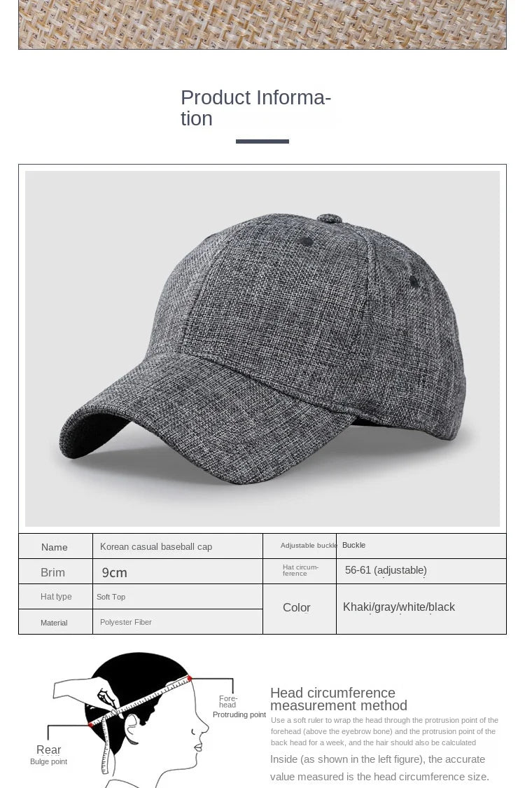 Oversize XXL Faux Linen Men Women Baseball Cap Size 56-59cm 60-65cm
