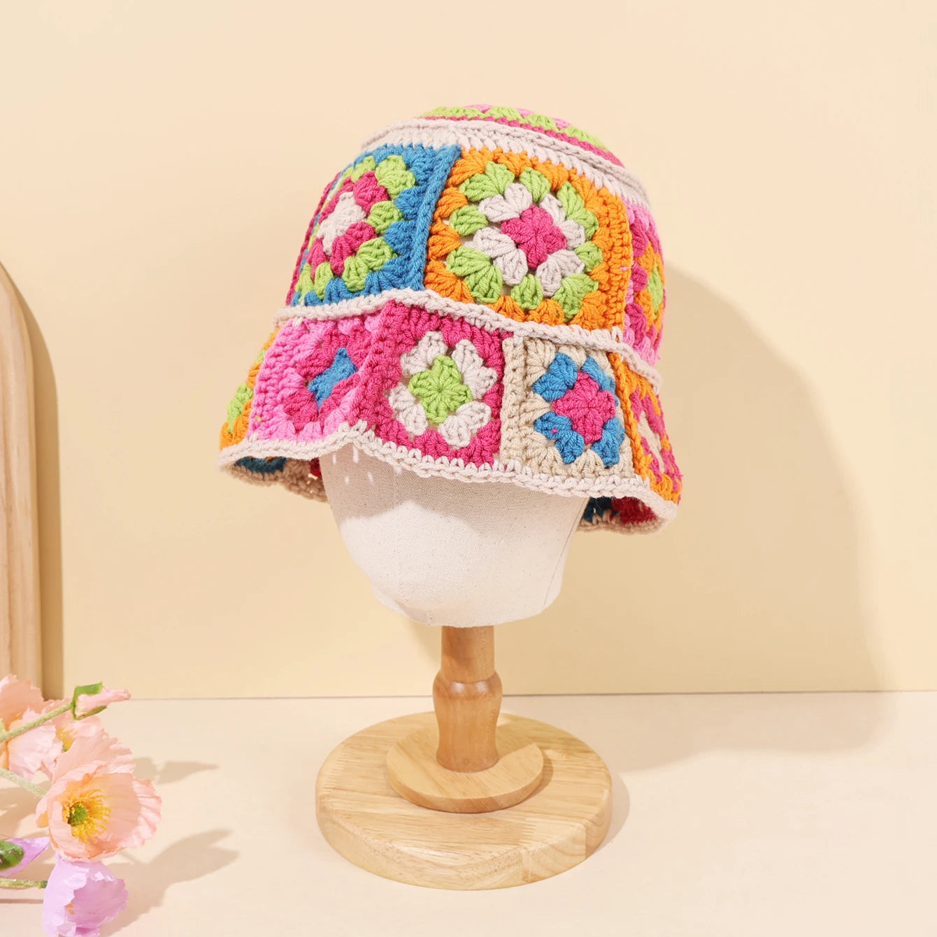 Colorful Floral Patch Crochet Bucket Hat
