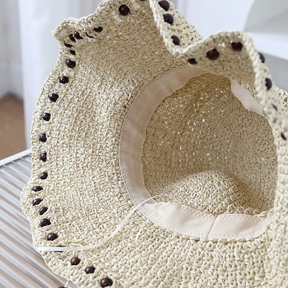 1pc French Retro Black Beaded Design Straw Bucket Hats