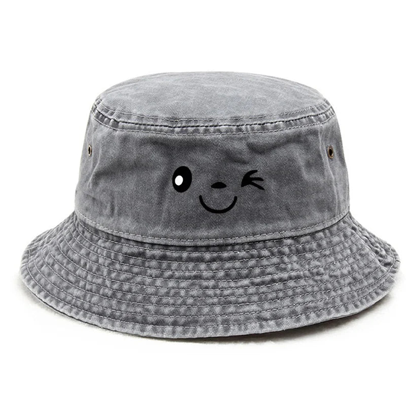 Vintage Winking Print Washed Bucket Hat