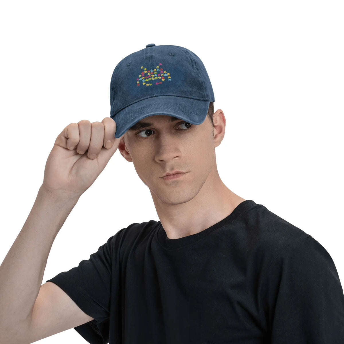 Space Invaders Pixelated Distressed Washed Denim Baseball Cap