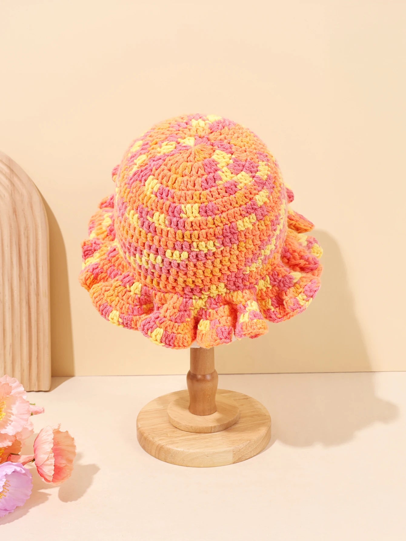 Women Vintage Orange Pink Woven Straw Bucket Hat