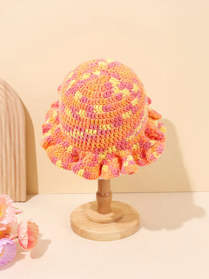 Women Vintage Orange Pink Woven Straw Bucket Hat