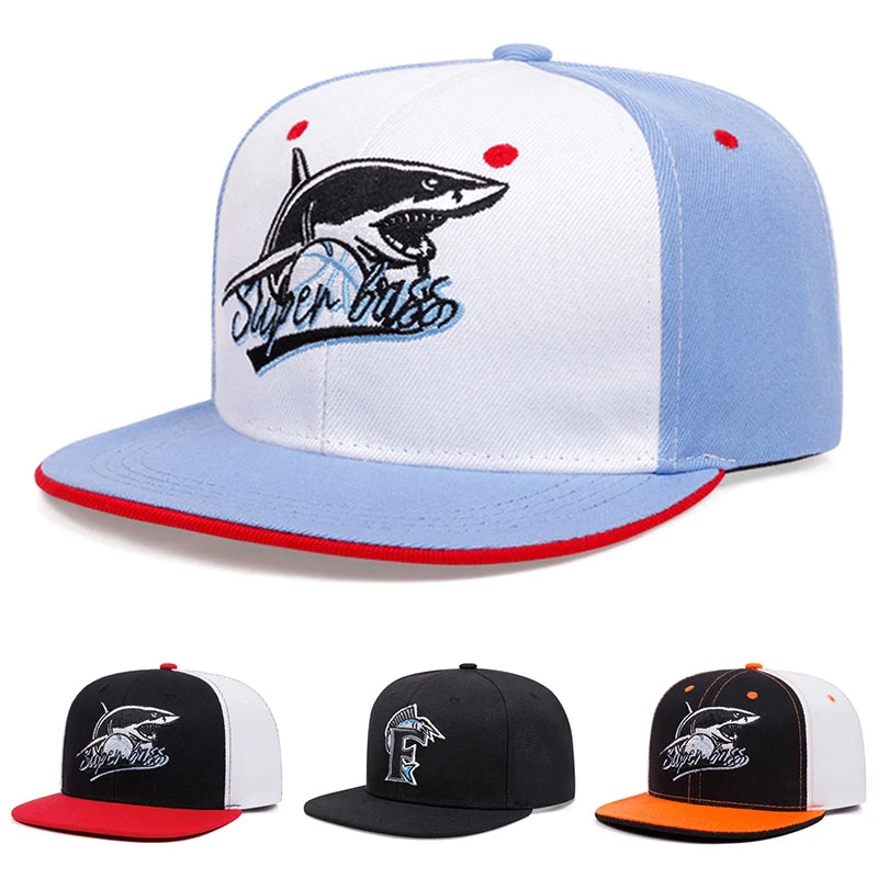Shark Embroidered Unisex Streetwear Flat Brim Snapback Cap